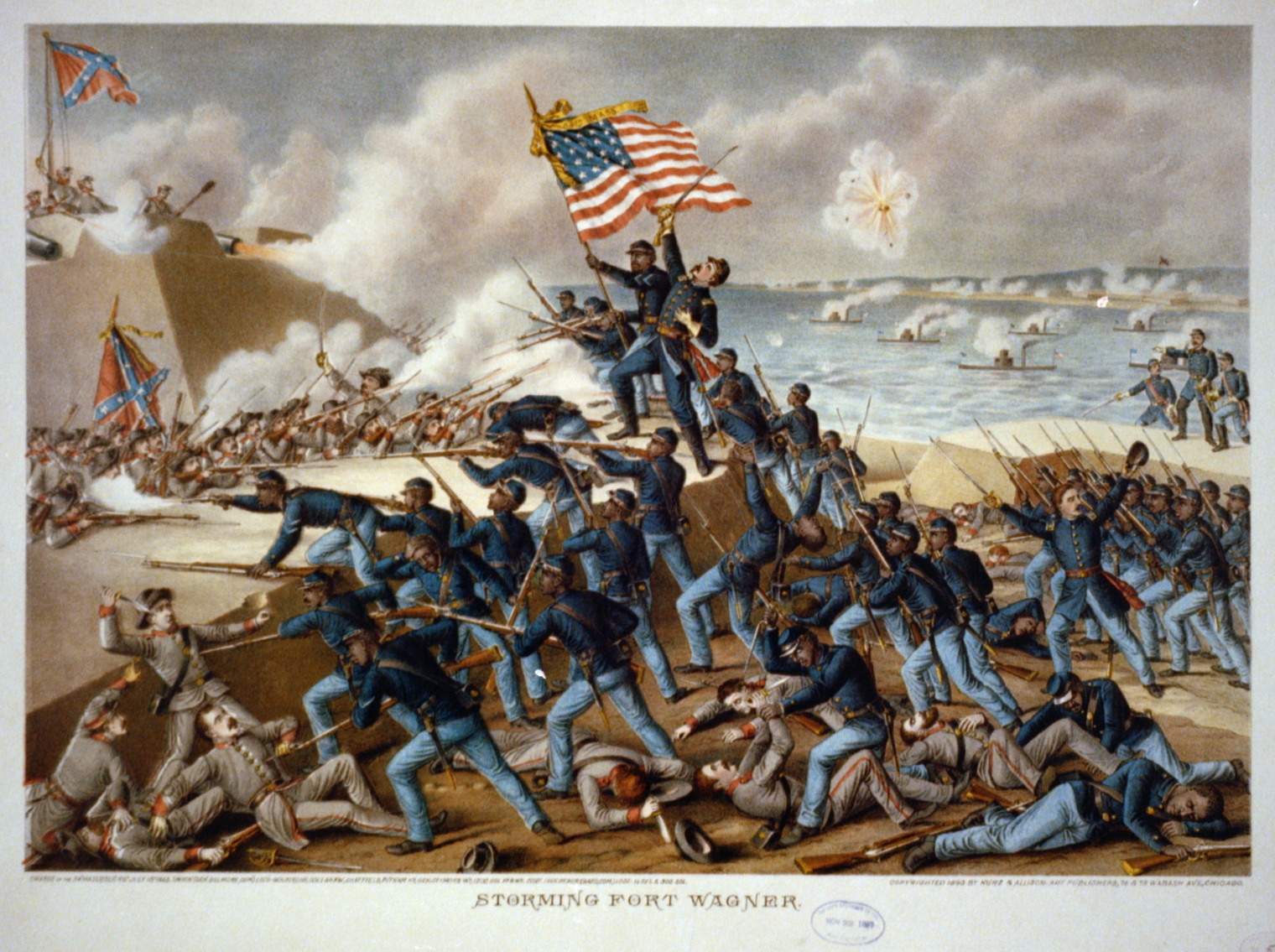 54th Massachusetts Volunteer Infantry Regiment "Storming Fort Wagner” by Kurz and Allison [Public domain], (Library of Congress), via Wikimedia Commons.