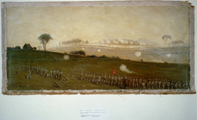 ”Picketts charge on the Union centre at the grove of trees about 3 PM” by Edwin Forbes [Public domain], via Library of Congress
