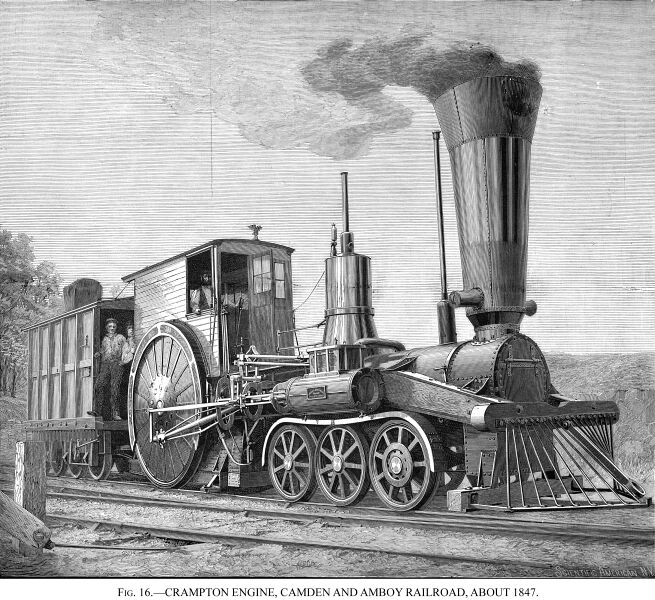 “Crampton Engine, Camden and Amboy Railroad, about 1847.” By Herbert T. Walker [Public domain], via Wikimedia Commons
