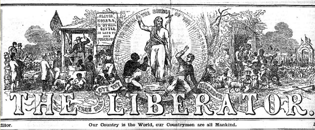 Masthead of William Lloyd Garrison’s abolitionist paper, The Liberator. By Hammatt Billings [Public domain], via Wikimedia Commons