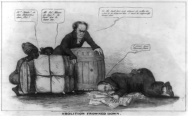 Political cartoon depicting the enforcement of the “gag rule,” prohibiting the discussion of the subject of abolition in the House of Representatives.  John Quincy Adams is shown cowering over a pile of petitions with 
“Abolition frowned down,” 1839, by Henry Dacre and Henry Robinson [Public domain], (American cartoon print filing series) via Library of Congress.