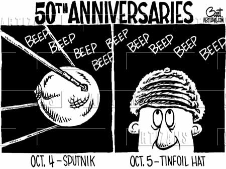 Political Cartoon: Perspective of two days, before and after the launch of Sputnik, Oct. 4, 1957 and Oct. 5, 1957