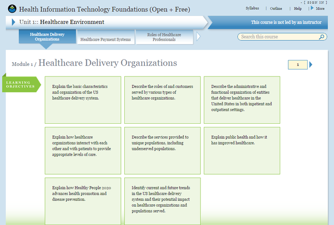 Screenshot of Healthcare Technology Foundations course homepage.