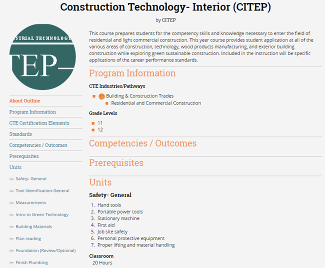 Screenshot of Online Construction Technology course homepage.