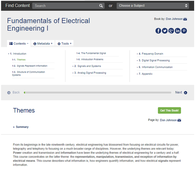 Screenshot of Foundations of Electrical Engineering course homepage.