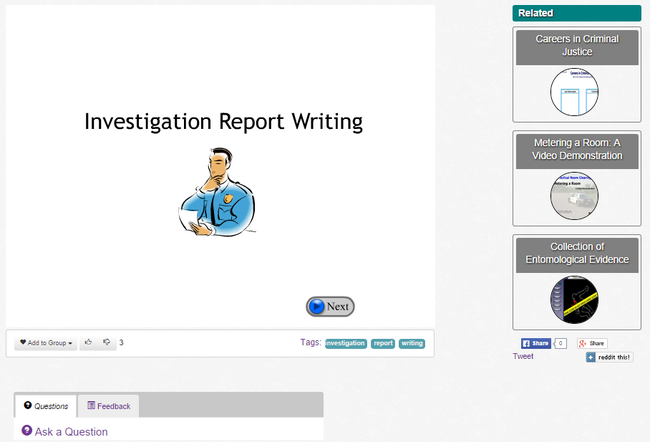 Screenshot of Investigation Report Writing activity title screen.