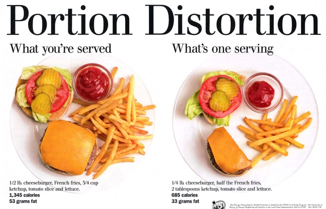 the image on the left is the hamburger and french fry meal you are actually served containing over 1300 kcals; the image on the right is the recommended servings