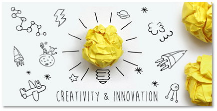 Crumpled yellow paper as a lightbulb with cartoon doodles and the caption "Creativity and innovation".